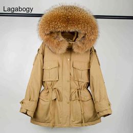 Lagabogy Winter Women White Duck Down Jacket Thick Warm Parkas Female Pocket Hooded Windproof Loose Coat Real Raccoon Fur 211130