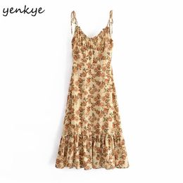 Vintage Floral Print Sling Chiffon Dress Women Sexy Backless V Neck A-line Midi Robe Femme Holiday Summer Beach Dresses 210514