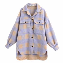 women leisure purple plaid loose woolen shirt jacket female double pockets oversize outwear coat chic long sleeve tops CT387 210603