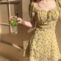 Print Floral Yellow Dress Cotton Mini Short Vestido Festa Sundress Runway Korean Style Women Vestidos Playa Vetement Femme 210331