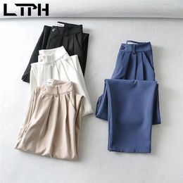 design sense suit pants fashion folds high waist women trousers solid all-match casual Straight Capris Spring 210427