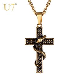 U7 Men 316L StainlSteel Cross With Snake Pendant Necklaces Punk Gold-Color Animal Men's Chain Necklace Jewellery Gifts P1222 X0707