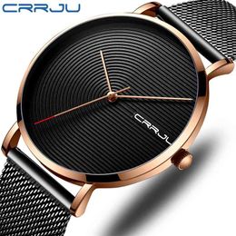 Top Luxury Brand CRRJU Men Watch Fashion Waterproof Stainless Steel Mesh Band Wristwatch Simple Design Clock Relogio 210517