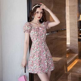 Sweet Bow Floral Print Dress For Women O Neck Puff Short Sleeve Casual Dresses Female Clothing 210529