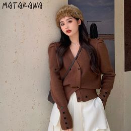 MATAKAWA Pleated Long-sleeved Pull Femme Hiver Top Korean V-neck Women's Sweater Wear Double-breasted Casual Knitted Cardigan 210513