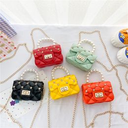 Bright Color Jelly Children's Diamond Shoulder Purse Girls Fashion Korean Pearl Handbag Wholesale Candy Bags For Children