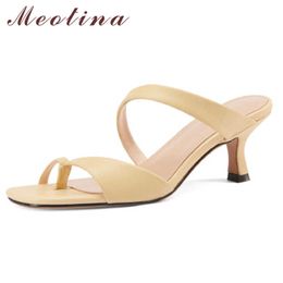 Meotina Women Slippers Shoes Natural Genuine Leather Sandals Flip Flop High Heel Slides Square Toe Lady Footwear Summer Yellow 210608