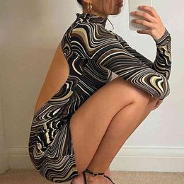 Paisley Print Long Sleeve Sexy Backless Mini Dresses For Women Spring Summer Vintage Striped Bodycon Y2k Party Dress Female 210415