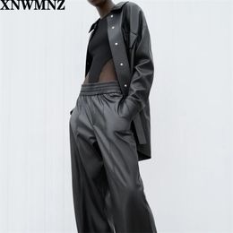 women faux leather overshirt long sleeves Collared front patch pocket side vents hem black jacket 210520