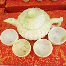 Natural jade Lantian jade original stone hand carved lantern teapot wine pot tea set