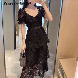 Arrive Puff Sleeve Lace Dress Female V-neck Casual Fashion Hollow Out Black Maxi Woman Street Party Luxury Bodycon 210603