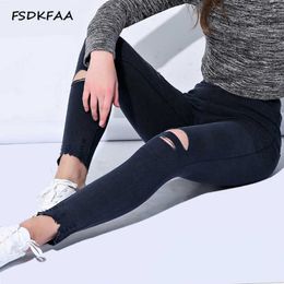 FSDKFAA Korean Plus Size High Waist Ripped Jeans Pencil Pants Slim High Stretch Stacked Pants Black Skinny all match Trousers Q0801