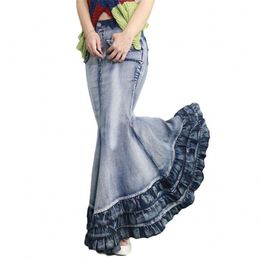 Vintage Big Fish Tail Denim Rock Frauen Bodenlangen Maxi Lange Meerjungfrau Trompete Empire Hohe Taille Jeans Stretchy J92793 210421