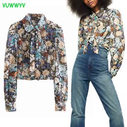 VUWWYV Spring Fashion Floral Print Crop Shirts for Women Blouses Vintage Bow Bejewelled Button Up Shirt Long Sleeve Tops 210430