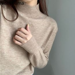 Nomikuma Solid Colour Basic Tops Korean Chic Casual All-match Long Sleeve Pullover Jumpers Slim Fit Half Turtleneck Sweater Women 210514