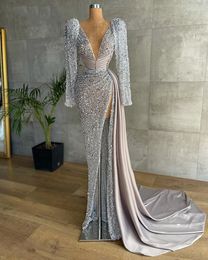 Sparkly Silver Mermaid Prom Dresses 2021 V Neck Long Sleeve High Slit Luxury African Women Formal Evening Party Gowns