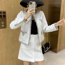 High Quality Runway Tweed 2 Piece Set Women Woollen Jacket Coat + Mini Bodycon Skirt Autumn Winter Female Outfits Suits 210514