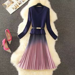 Elegant Knitted Patchwork Gradient Pink Pleated Women Long Sleeve Sweater Office One-Piece Midi Dress With Belt 210416