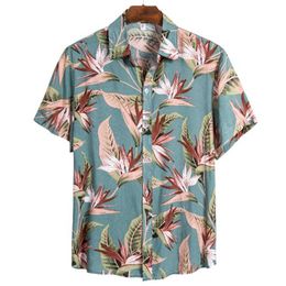 Fashion Shirt For Mens Leaf Print Casual & Breathable Light Chest Pocket Short Sleeve Linen Shirts 210527