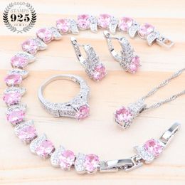 Women Wedding Luxury Jewellery Pink Zirconia 925 Silver Bridal Costume Jewellery Earrings Bracelet Pendant Ring Neckalce Sets