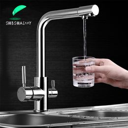 SHBSHAIMY Philtre Kitchen Faucet Chrome Drinking Pure Water Kitchen Tap Deck Mounted Dual Handles 3-Ways and Cold Water Mixer 210719