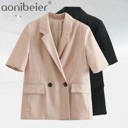 Summer Women Black Short Sleeve Casual Suit Coat Female Double Breasted Outerwear Office Lady Loose Tops C1098 210604