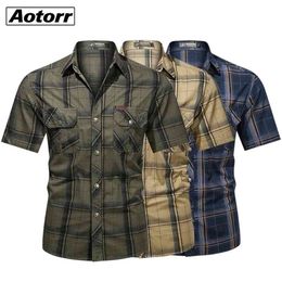 100% Cotton Army Shirt Men Fashion Military Short-sleeve Tops Casual Top Male Lapel Plaid Work Shirts Summer Green 5XL 210721