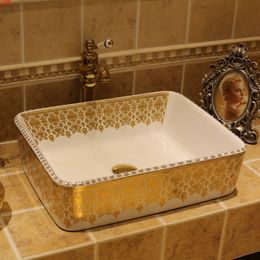 Gold Porcelain Bathroom ceramic counter top sink Rectangular wash basin popular in europe art Colourful hand sinkgood qty