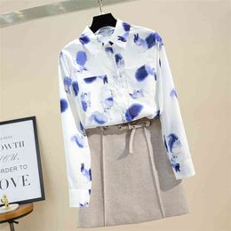 Spring Autumn Women's Long-sleeved Shirt Squirrel Ink Stained White Chiffon Wild Small Fresh Top Blouse GD452 210506