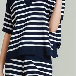 Fashion women's suit summer knit short-sleeved T-shirt striped top wide-leg shorts fashion casual two-piece 210520