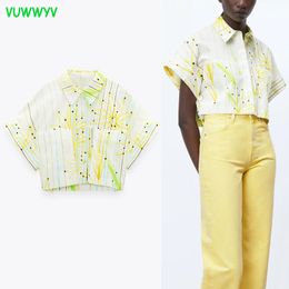 VUWWYV Summer Chic Daisy Print Poplin Shirt Women Aesthetic Striped Crop Top Woman Short Sleeve High Street Tunic Tops 210430