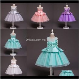 Baby Clothing Baby Maternity Drop Delivery 2021 Kids Dresses Solid 5 Color Evening Gown Bow Tie Lace Invisible Zipper Mesh Dress Girls Party