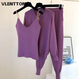 Autumn Winter Women Knitted Tracksuits 3 Piece Set Zipper Jacket Coat+Tank Tops+Elastic Pants Suit Casual Sports Outfits Female 210331