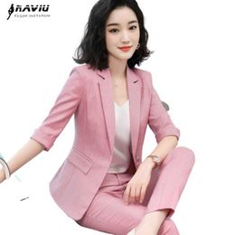 Naviu Women Summer Pants Suits Fashion Temperament Professional Blazer and Trousers Office Ladies Fruit Green Work Wear 210604