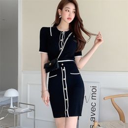 Korean Summer 2 Piece Set Women Lapel Short Sleeve Knitted T-Shirt Top + Bodycon Mini Skirt Suits 210519