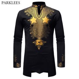 Men's Hipster Hip Hop African Tribal Metallic Golden Printed Henley Neck Shirt Long Sleeve Dashiki Shirt Top Blouse Chemise 2XL 210522