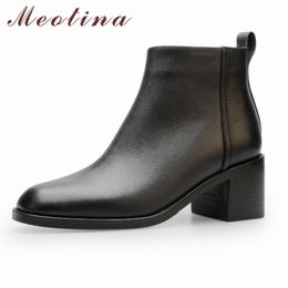 Meotina Women Ankle Boots Shoes Genuine Leather High Heel Ladies Boots Round Toe Zipper Thick Heels Short Boots Autumn Winter 40 210520