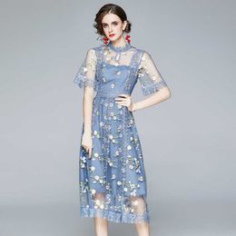 Arrival Runway Summer Party Lace Short Sleeve Dress Women's Mesh Flower Embroidery Ruffle Patchwork Dresses Vestido 210529