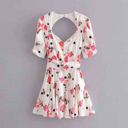 Vintage Sweet Polka Dot Floral With Belt Mini Dress Women Fashion Sexy Backless Square Collar Pleated Hem Dresses 210520