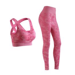 Camo Seamless Yoga Set Women Fitness Clothing Sportswear High Waist Gym Leggings Tights Workout Bra 2 Piece Sport Suit 210813