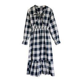 Blue Red Spring Autumn Winter Vintage Midi Plaid Elastic Waist Bow Collar Long Sleeve Dress D0806 210514