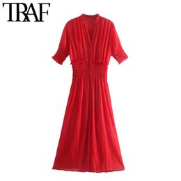 TRAF Women Chic Fashion With Elastic Waist Pleated Midi Dress Vintage Short Sleeve With Lining Female Dresses Vestidos 210415