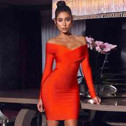 Winter Women Off Shouler Red Bodycon Bandage Dress Sexy Long Sleeve Mini Sheath Club Celebrity Runway Party 210423