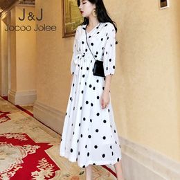 Summer Korean Style Chiffon Long Dress Women Half Sleeve V Neck Dot Print Midi Dresses Casual Party Beach Dress Plus Size 4XL 210518