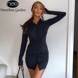 Asia Black Shirt Dress Mini Ruched Stretch Single Breasted Fashion Split Long Sleeve Robe Spring Women Casual Party Dresses 211110
