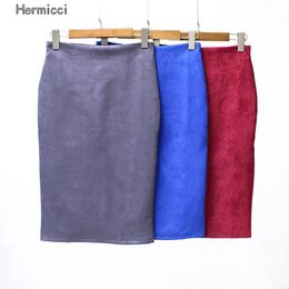 Skirts Hermicci 2021 Spring Grey Women Suede Midi Pencil Causal High Waist Stretch Sexy Slim Medi Skirt Ladies Office Wear