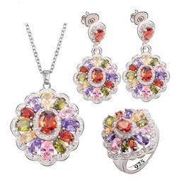 Multicolor Green Black Semi-precious Silver Colour Jewellery Sets for Women Gift Earrings Necklace Pendant Ring H1022