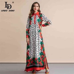 Summer Fashion Runway Maxi Dress Women's Long Sleeve Polka Dot Floral Print Elegant Vintage Plus size 210522