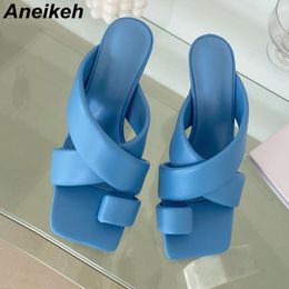 Summer Women Shoes Slippers Pinch toe Rubber Basic PU Solid Outside Thin Heels Adult Shallow Square Toe Slides 210507