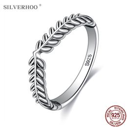 SILVERHOO Genuine 925 Sterling Silver Rings For Women Classic Stackable Vintage Lucky Leaf Finger Ring Anniversary Jewellery Gift